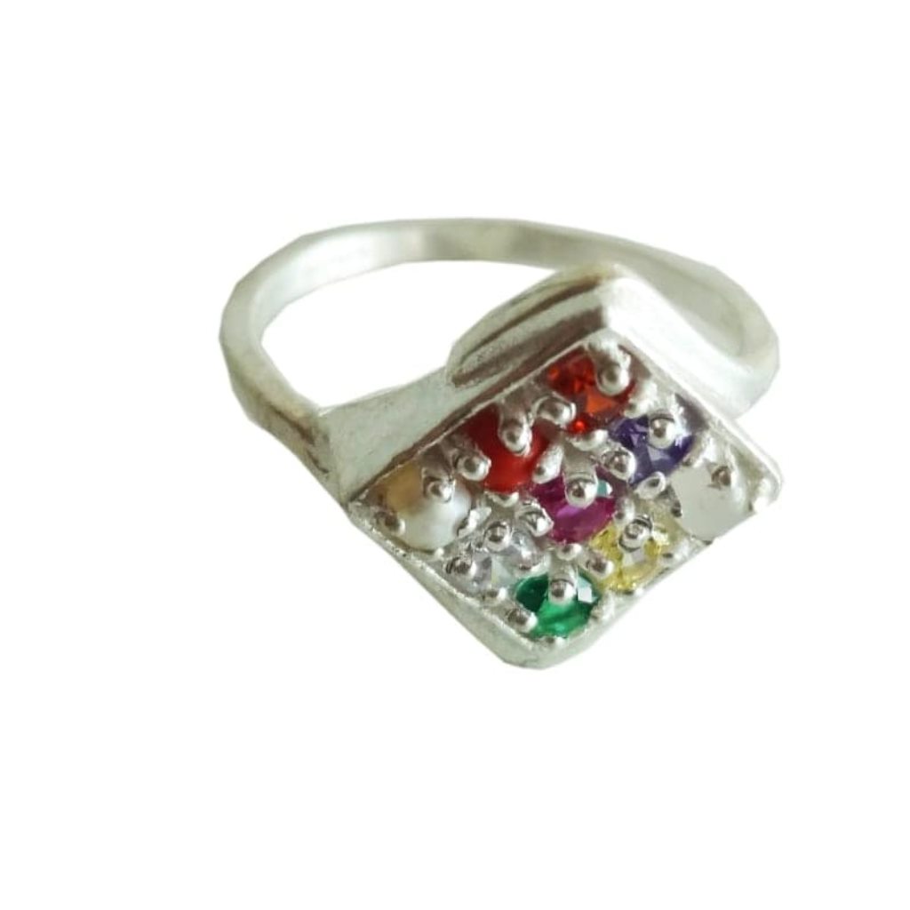 Solid Pure 925 Sterling Fine Silver Colorful Stone Design Ladies Ring Size-8