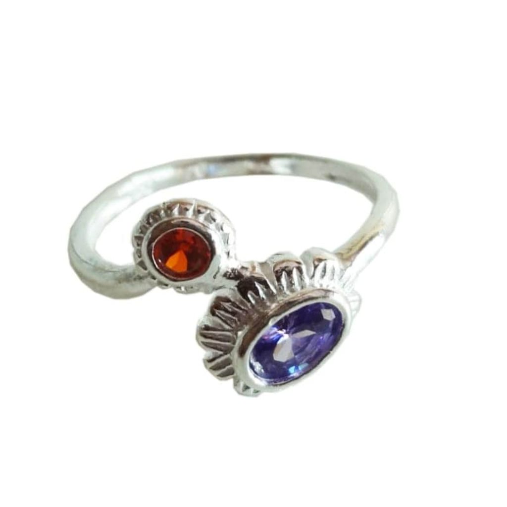 Solid Pure 925 Sterling Fine Silver Two Color Stone Design Ladies Ring Size-8