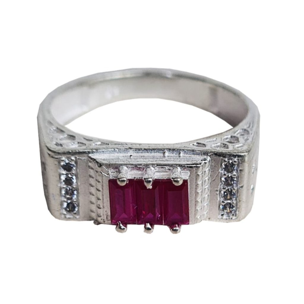 Solid Pure 925 Sterling Fine Silver Dark Pink Stone Design Men's Ring Size-10.5